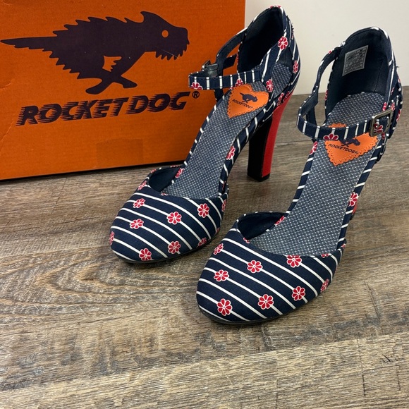 🌸 Rocket Dog “Jena” Navy & Red Floral Stripe Heels – Women’s Size 9M – With Box - Picture 1 of 10